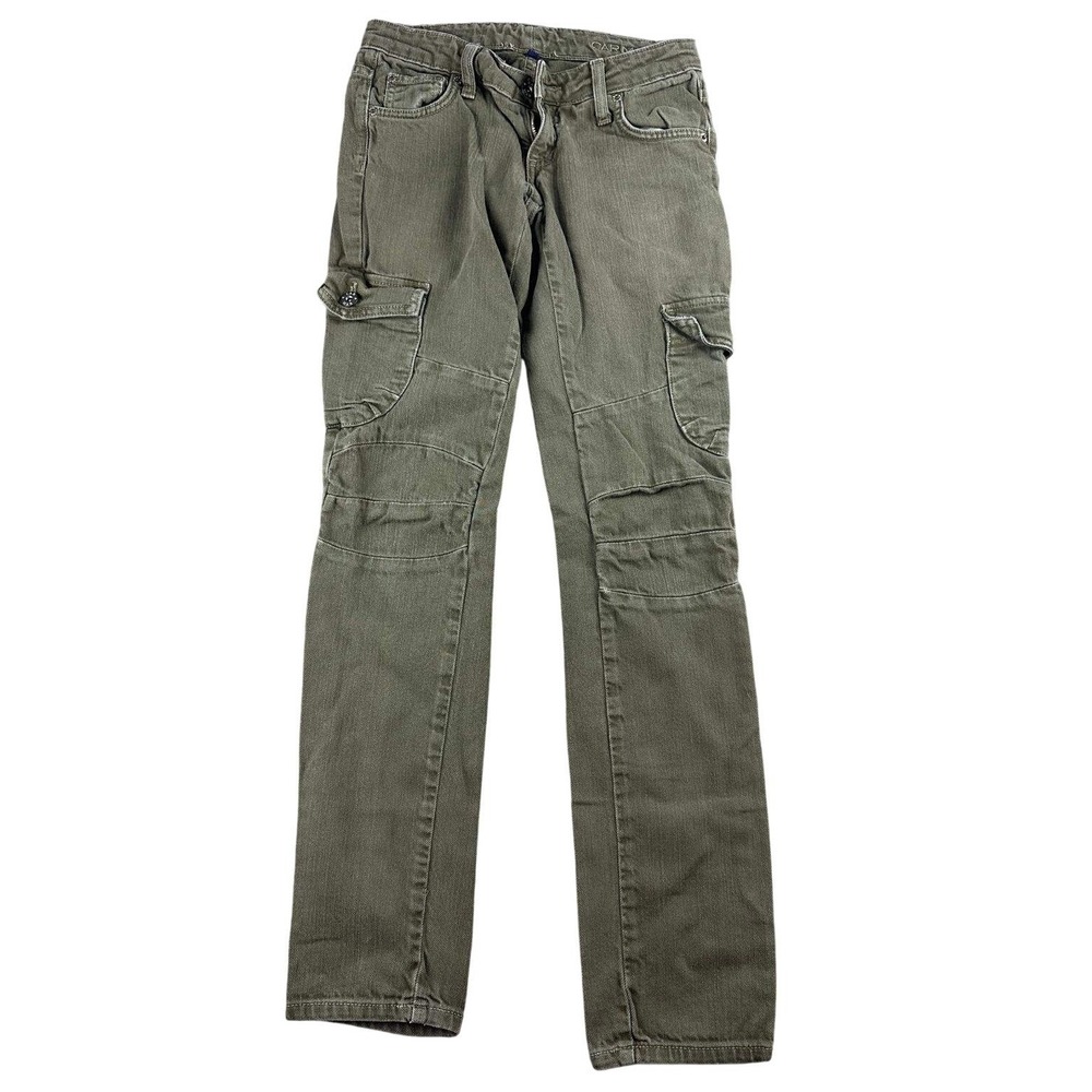 Y2K CARMAR Cargo Jeans Women 24 Green Cotton Button‎ Utility Knee Panel USA Made